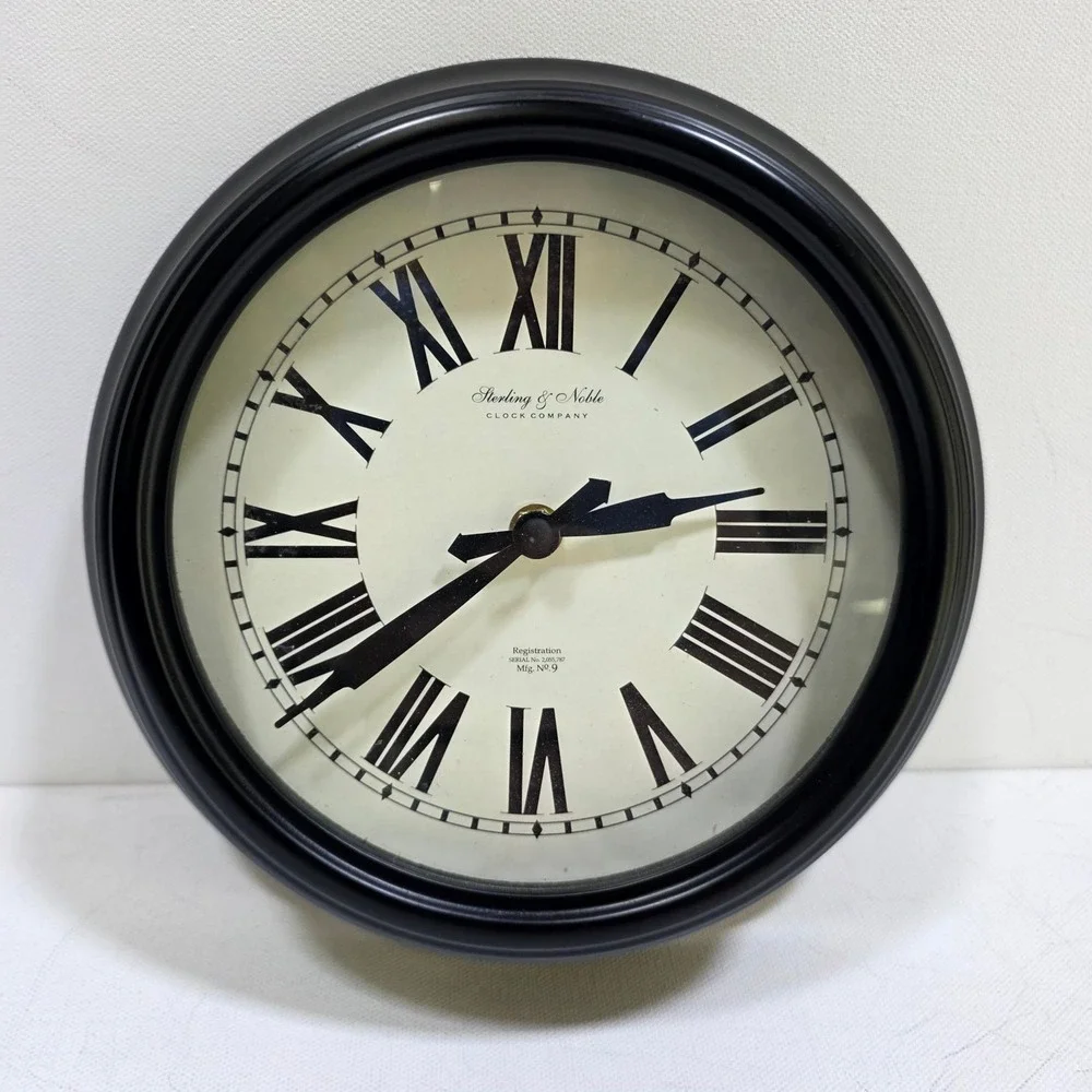 Sterling & Noble Wall Clock Unisex 9in Black Roman Numeral Vintage Style Round